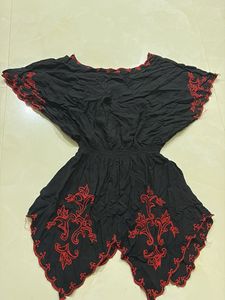 Black Asymmetrical Kurta with Red Embroidery