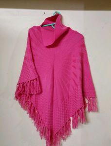 Chic Pink Fringed Poncho Sweater