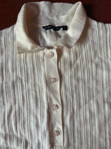 Cream Ribbed Polo Neck Top