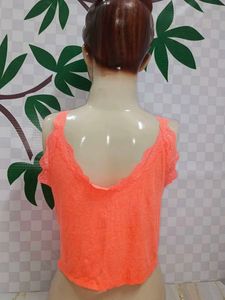 (953)Orange Lace Trim Tank Top