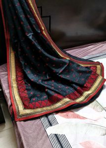 Black Red Zari Embroidered Tussar Silk Saree