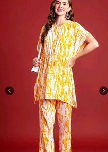 New White &amp; Yellow Print kaftan kurti pant set