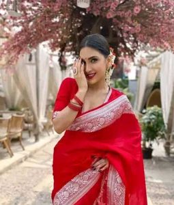 Stunning Red Silk Saree with Silver Border