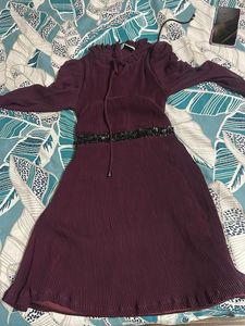 Elegant Plum Pleated Dress with Sequin Belt