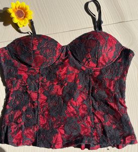 Red & Black Floral Lace Corset Top