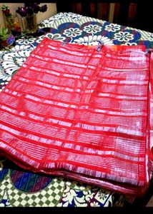 Red &amp; Silver Striped Saree....