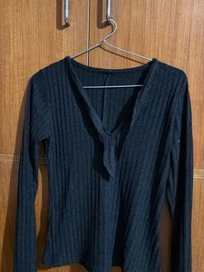 Ribbed Long Sleeve Top with Tie Detail