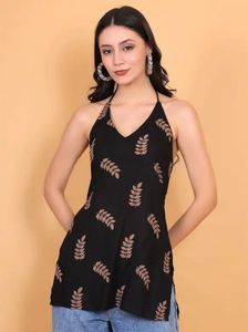 Stylish Black Leaf Print Halter Neck Kurta