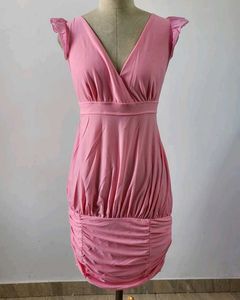 Pink Ruched V-Neck Dress