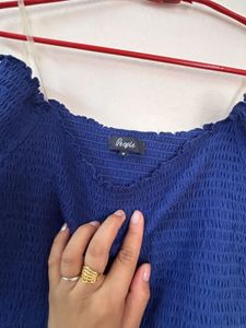 Blue Off-Shoulder Smocked Crop Top