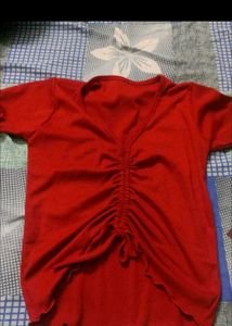 Red Ruched V-Neck Top