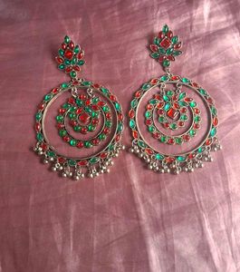 Chunky Red Green Stone Hoop Earrings