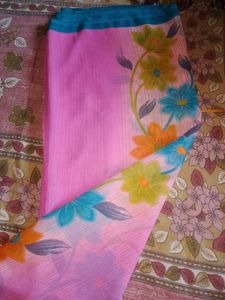 Chiffon Saree With Multicolour Flower Design.