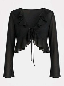 Sheer Ruffle Tie Front Crop Top