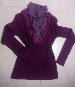 Chic Purple Knit Top with Embellished Collar