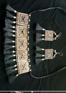 Oxidised Silver Tassel Choker Set