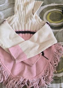 Cute Pink Knit Poncho with Fringe