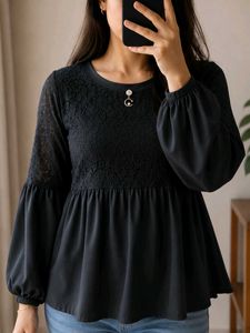 Women’s black Floral Lace Peplum Top | Full Sleeve