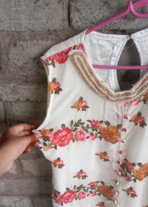 white kurti with pink flora design