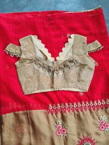 Red &amp; Gold Embroidered Saree with Blouse