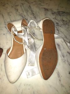 White D'Orsay Flats with Pearl &amp; Ribbon Detail