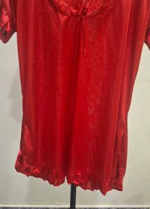 Red Satin Nightie with Lace Trim