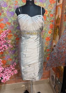 Elegant Silver Ruched beaded Cocktail Dress