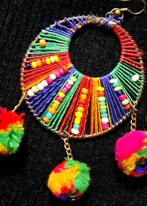 Boho Multicolor Pom Hoop Earring