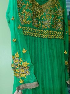 Beautiful Green Embroidered Anarkali Gown with dup