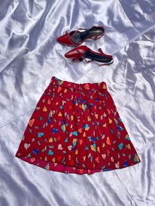Red Leaf Print Mini Skirt