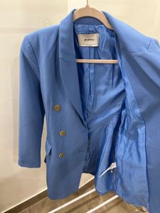 POWDER BLUE DOUBLE BREASTED LONG BELTED BLAZER