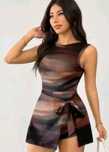 Abstract Print Sleeveless Romper with Tie