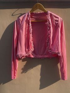 Chic Pink Lace Trim Bolero Jacket