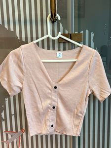 Pink Ribbed Button-Up Cropped Top