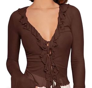 Sheer Brown V neck Ruffle Tie-Front Top