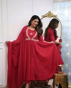 Red Anarkali embroidery set