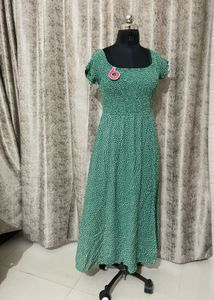 Green Smocked Polka Dot Midi Dress