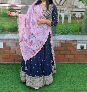 Handwork Navy Blue Lehenga Choli with Pink Dupatta