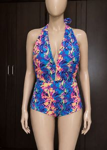Vibrant Abstract Print Halter One-Piece Swimsuit