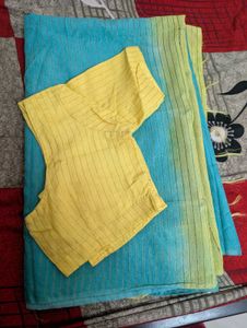 Blue & Green Striped Saree with Yellow Blouse