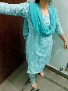 Turquoise Block Print Cotton Salwar Kameez Set