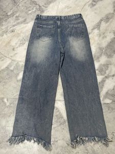 Distressed Wide Leg Jeans with Fringed Hem