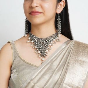 Teejh Silver Oxidized Pearl Choker Necklace Set