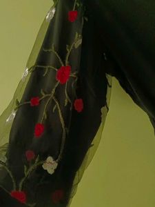 Elegant Dark Green Dress with Floral Sleeves