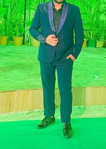 Men's Navy Blue Blazer with Embellished Collar