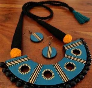 Boho Blue Terracotta Necklace &amp; Earrings Set