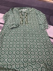 Green Bandhani Print Kurta with Embellished Neckli