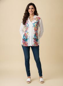White Floral Print Button-Up Top