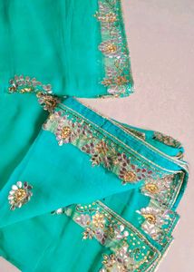 Elegant Turquoise Sea Green Georgette Saree with U