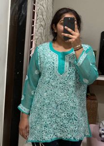 Beautiful Teal Chikankari Kurta with Mirror Work